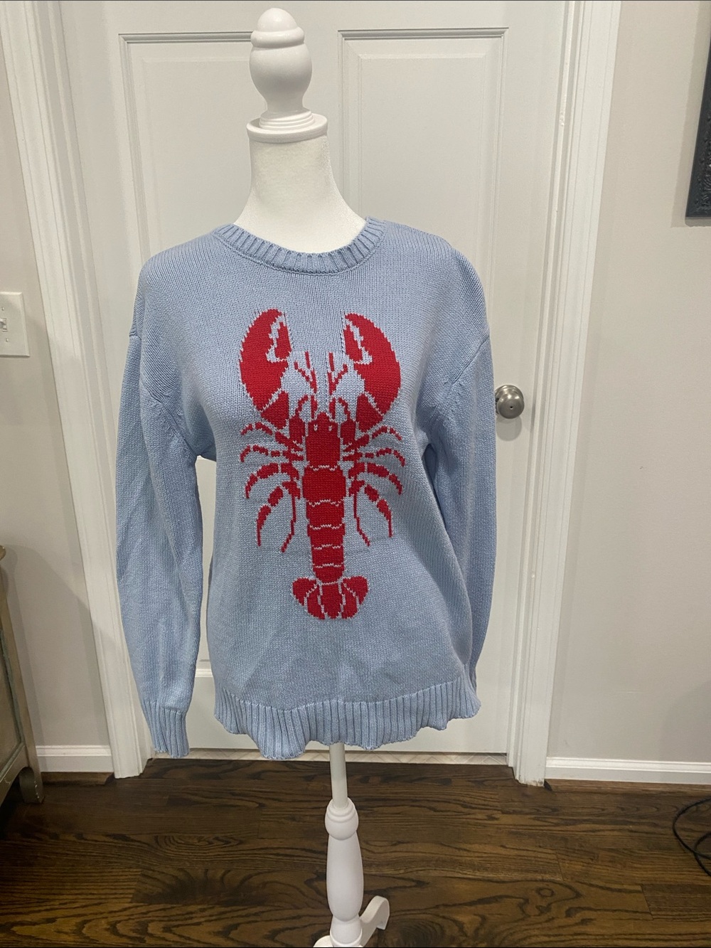 Mighty Fine Light Blue Crewneck Sweater with Red Lobster Graphic